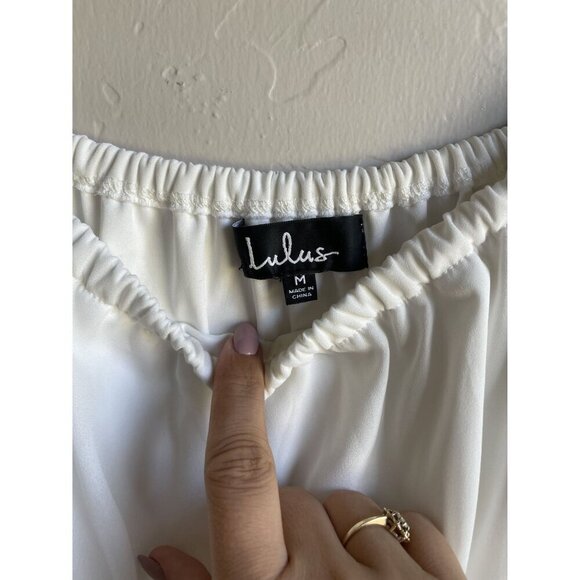 Lulus Size Medium White Off the Shoulder Shift Mini Dress Tie Sleeves Crochet La - Picture 6 of 10